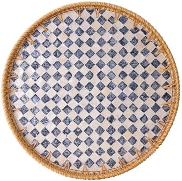 Round Rattan Tray with Mother of Pearl Inlay, Rattan Serving Tray with Wooden Base, Decorative Wicker Basket for Table Decor, Storage and Display of Coffee Bread Food Fruit (Checkerboard 11.8") by Kmelep