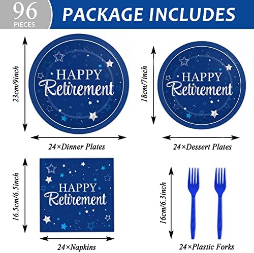 96Pcs Retirement Plates and Napkins Happy Retirement Party Decorations Blue Retirement Plates Party Supplies Royal Navy Blue Disposable Paper Cake Dessert Plate for Men Woman Serves 24 Guests - Image 2