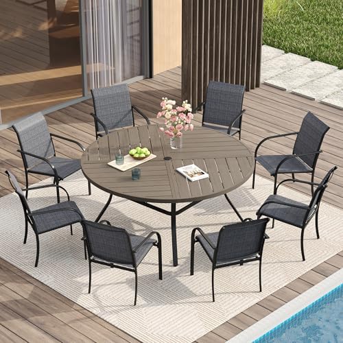 VICLLAX Patio Table and Chair Set of 8, All Weather Metal Round Outdoor Dining Furniture Set-53 Round Outdoor Table and Chairs, Grey Wood Grain Tabletop by HOME