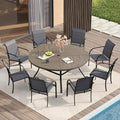 VICLLAX Patio Table and Chair Set of 8, All Weather Metal Round Outdoor Dining Furniture Set-53 Round Outdoor Table and Chairs, Grey Wood Grain Tabletop by HOME