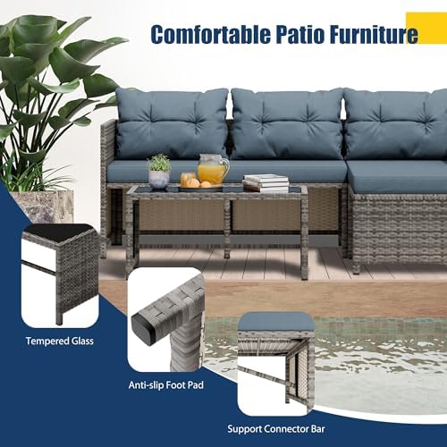 Vongrasig 3 Pieces Patio Furniture Sets, All-Weather Wicker Outdoor Sofa Couch Sectional Set, Small Conversation Set for Patio, Garden w/Cushion, Glass Table, Blue - Image 5