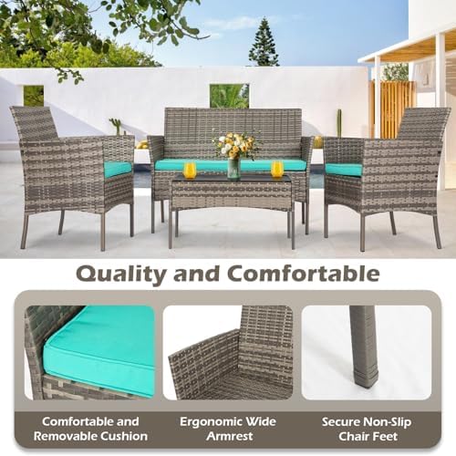 FDW 4-Piece Patio Furniture Set | Gray & Blue | Outdoor Wicker Furniture - Image 6