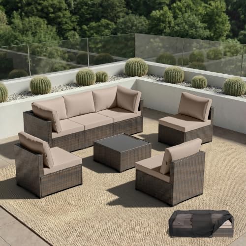 Patio Furniture Set - All-Weather - 7 Piece Patio Outdoor Conversation Set, Modular Wicker Rattan Sectional Sofa for Backyard, Garden, Poolside, Balcony, Porch, Patio, Brown/Khaki by Unknown