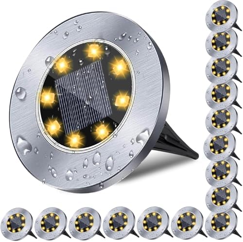 4.6 Inch Diameter Solar Ground Lights, Waterproof Solar Garden Lights, Outdoor Garden Waterproof Bright in-Ground Light, Landscape Lighting for Pathway,Yard,Lawn,Patio,Walkway (16 Pack Warm Light) by Rayolon