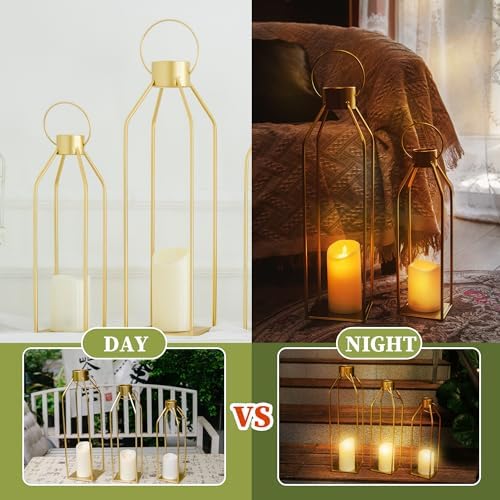 HPC DECOR Modern Farmhouse Lantern Decor- 22''19''16''Tall Large Gold Metal Candle Lanterns for Home Decor-Lanterns Decorative w/Timer Flickering Candles for Living Room,Outdoor,Fireplace Mantle Decor - Image 6