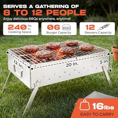 TSG Portable Stainless Steel Mangal Charcoal Grill For Shish Kebab, Steaks, Burgers | 20X12Inch| Includes 6 Skewers, 2 Tongs & Carry Bag | Foldable & Rustproof for Outdoor Cooking | Serves 8-12 People - Image 3