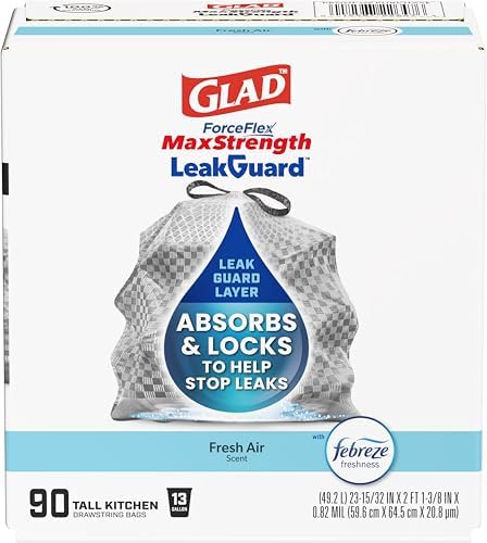 Glad ForceFlex MaxStrength LeakGuard Trash Bags, 13 Gal, Fresh Air, 90 Ct (Package May Vary) by GladTrashFoodStorage