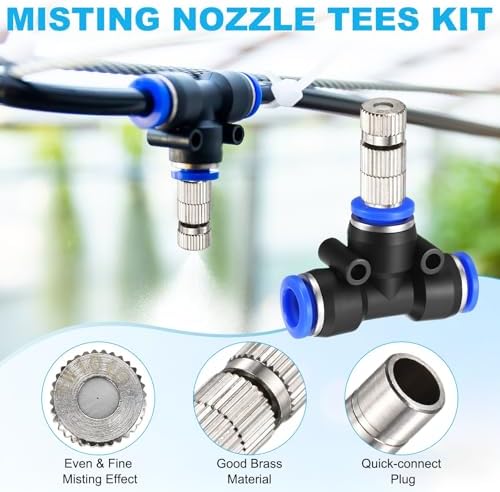 M METERXITY 5-Set Brass Misting Nozzles Tees Kit, 0.004"/0.1mm Orifice Mister Replacement Nozzles with Filter Mesh for Outdoor Cooling System/Greenhouse, Water Misting Nozzle Tees Kits - Image 2