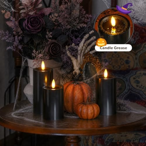 Yeelida Outdoor Halloween 4pcs Flameless Waterproof Candles with Handy Remote Control, Cycle Timer Battery Operated Candle Grease LED Flickering Pillar Plastic Long Lasting (Black, 3" x4" 5" 6" 7") - Image 4