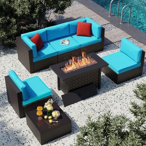 Vongrasig 7 Piece Patio Furniture Sets with 45 Inch Fire Pit Table All Weather PE Wicker Rattan Outdoor Sectional Sofa Couch Conversation Set w/Glass Table for Lawn, Garden, Backyard (Blue) by Vongrasig