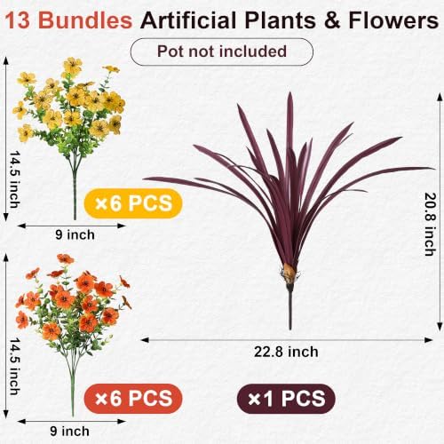 Fall Flowers Artificial Mums for Outdoors Autumn Decor, 12 Bundles Fake Fall Mums with 1 pcs Burgundy Orchid Leaf UV Resistant Realistic Faux Plants for Outside Home Porch Patio Planter, Orange Yellow - Image 5