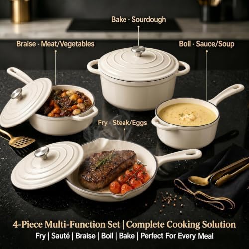 Nonstick Enameled Cast Iron Cookware Set, 4-Pcs Pots and Pans with Lids - Image 4