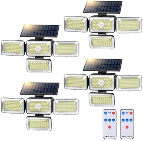Solar Lights Outdoor, 288 LED 2800LM Motion Sensor Outdoor Light with Remote Control, 4 Heads IP65 Waterproof Solar Flood Security Lights for Outside Patio Wall -4PACK by Unknown