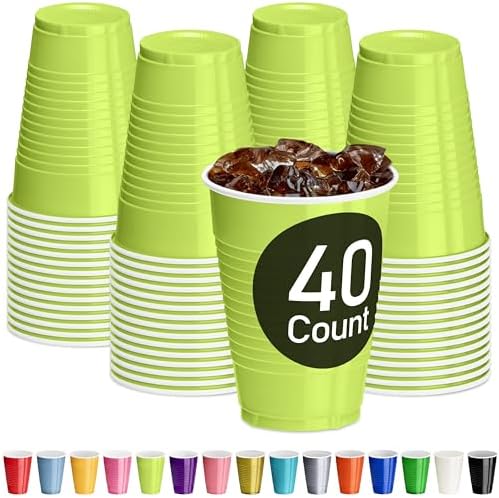 DecorRack Lime Green Plastic Cups, 12 oz Disposable Cups, Reusable Party Supplies (40 Count) by DecorRack