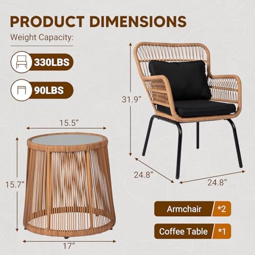 Tappio 3 Piece Outdoor Wicker Bistro Set, Patio Conversation Sets w/2 Large Rattan Chairs and Tempered Glass Table, Patio Furniture for Balcony, Porch, Poolside, Backyard, Black - Image 3