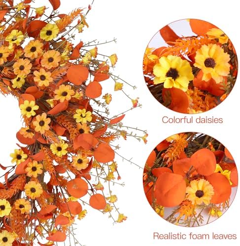 Sggvecsy Fall Wreath 24'' Autumn Harvest Daisy Wreath with Orange Eucalyptus Foam Leaves Grain Daisies Berries for Outside Indoor Home Wall Festival Thanksgiving Decor - Image 7