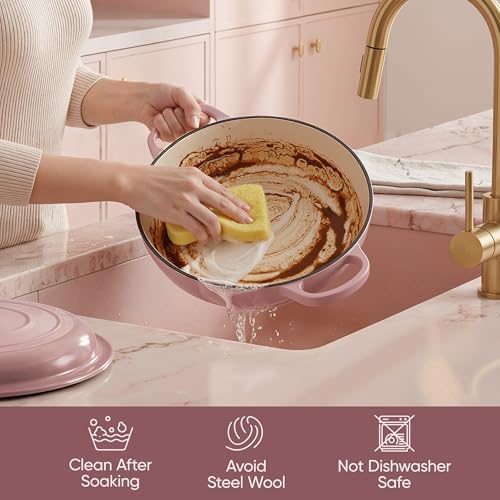 3 Quart Enameled Cast Iron Braiser, Non Stick Enameled Cast Iron Skillet with Lid, Dutch Oven Skillet with lid up to 500°F for Oven, Stove, Grill, Shallow Dutch Oven for Cook, Bake (Pink) - Image 5