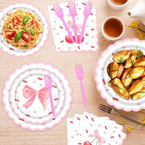 96Pcs Pink Bow Cherry Paper Plates Napkins Set for 24 Guests - Image 6