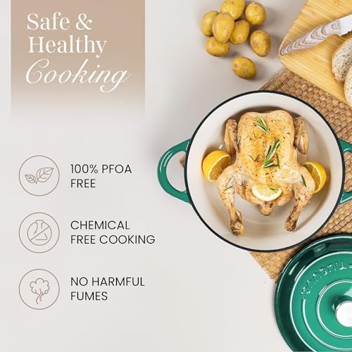Cast Iron Dutch Oven with Lid - Non-Stick Ovenproof Enamelled Casserole Pot - Sturdy Dutch Oven Cookware - Dark Green, 5-Quart, 24cm - by Nuovva - Image 4