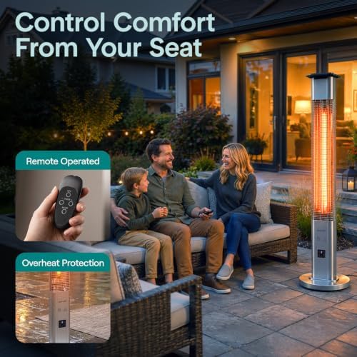 SereneLife Outdoor Electric Patio Heater - 1500W High-Efficiency Infrared Heating, Remote Control Standing Heater with Aluminum Reflector, Waterproof Design, IP65 Approved, Quiet Operation - Image 4