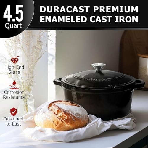 MUELLER HOME 4.5 QT Enameled Cast Iron Dutch Oven, Heavy-Duty Casserole Dish and Braiser Pan with Lid and Stainless Knob, Oven-Safe up to 500° F & Across All Cooktops, Black - Image 2