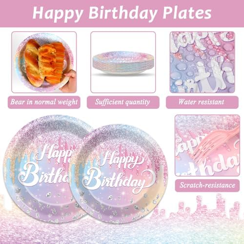 Naozinebi Iridescent Diamond Birthday Party Plates Napkin Fork Glitter Diamond Tableware Set Happy Birthday Dinnerware Colorful Supply for Girls Women Baby Shower Wedding Parties Decoration Serve 24 - Image 3