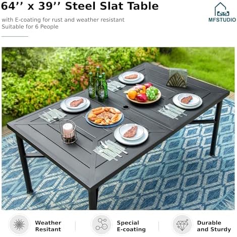 MFSTUDIO Patio Table for 6, 64" Black Metal Dining Table w/Umbrella Hole - Image 5