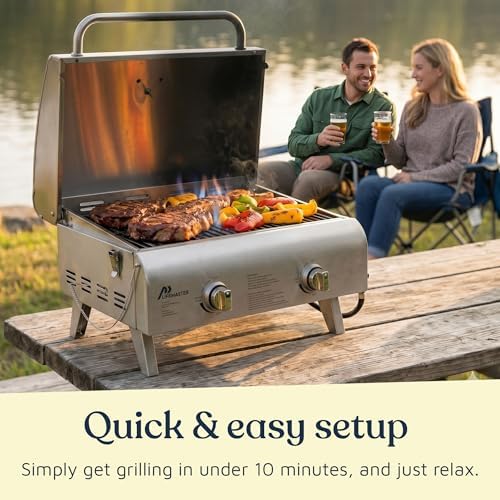 Lifemaster Portable Stainless Steel Gas Grill - 2 Burners Easy Clean Tabletop BBQ Propane Gas Grill with Foldable Legs and Wind Proof Lid for Camping and Outdoor - Silver - Image 6
