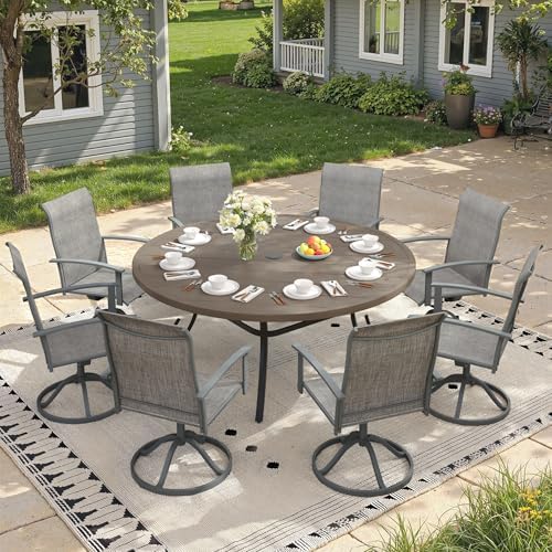 Outdoor Dining Table for 8, 60" Round Outdoor Table with Adjustable Umbrella Hole, All-Weather Metal Patio Dining Table for Lawn Garden Backyard Deck, Grey - Image 4