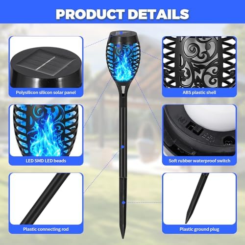 8 Pack Solar Lights Outdoor, Blue Flickering Flame Torches - Image 4