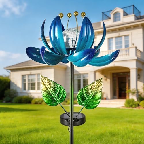 AIINY Solar Garden Lights Metal Flower Decor, Colorful Lotus Pathway Spinning Windmill with LED Cracked Crystal Ball Outdoor Decorative Stake Lighting Waterproof Flower Sculpture for Patio Yard - Image 2
