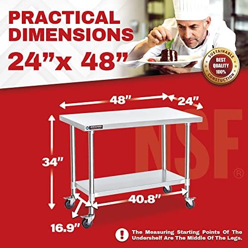DuraSteel 24x48 NSF Stainless Steel Cart - Heavy Duty Food Prep Table with Undershelf - Rolling Kitchen Island on Wheels for Commercial Restaurant Kitchen, Garage, Outdoor Cooking, BBQ Grill, Counter - Image 3