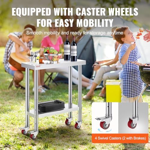 VEVOR Stainless Steel Work Table 30 x 12 x 34 Inch, 700 LBS Load Capacity with 4 Wheels, 3 Adjustable Height Levels, Heavy Duty Food Prep Worktable for Commercial Kitchen Restaurant, Silver - Image 4