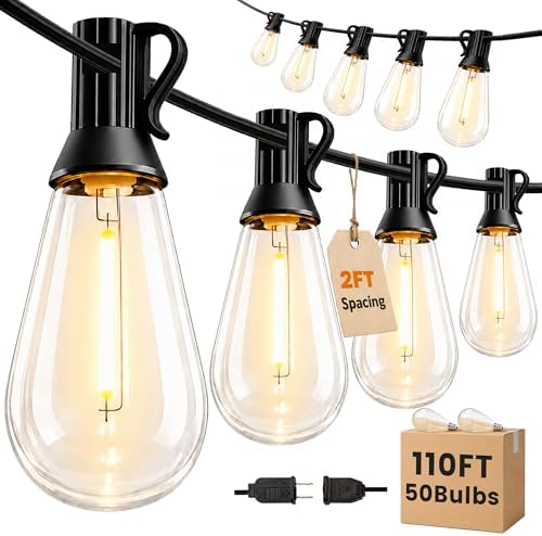 Outdoor String Lights 110FT(100+10) Waterproof, 50 LED S14 Shatterproof Edison Bulbs, 2FT Spacing, Extension Cord, Connectable Plug in Hanging Patio Lights for Outside, Backyard, Warm White by Unknown