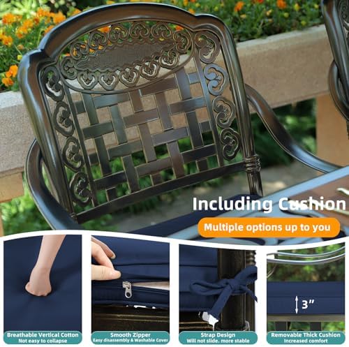 MEETWARM 5 Piece Patio Dining Set, Outdoor All-Weather Cast Aluminum Dining Table Set, Patio Furniture Set for Backyard Garden Deck, Include 4 Chairs, 4 Cushions and 1 Round Table, Navy Blue - Image 6