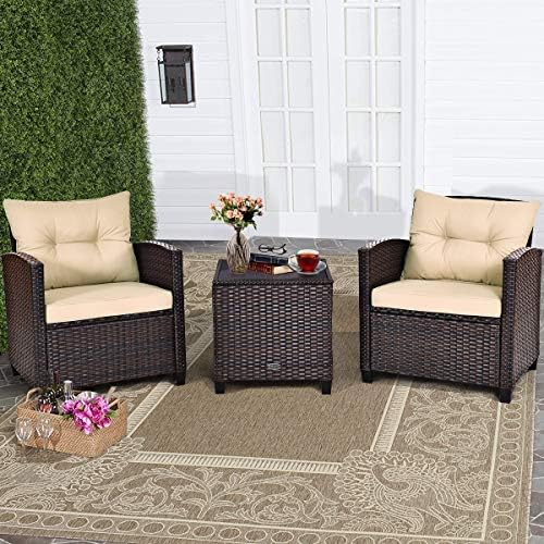 RELAX4LIFE 3 Piece Patio Furniture Set, Wicker Bistro Conversation Set w/ 2 Cushioned Armchairs & Glass Topped Table, Outdoor Rattan Sofa Set Patio Furniture for Porch Balcony Poolside (Beige) by RELAX4LIFE