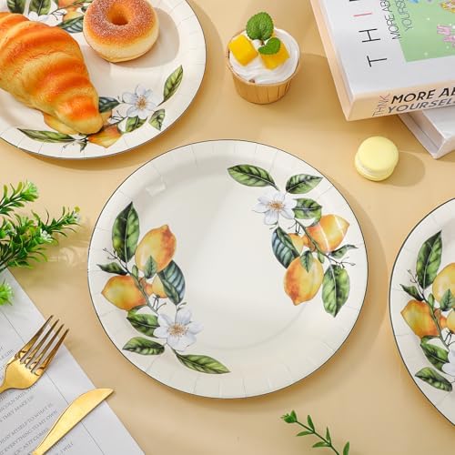 JarThenaAMCS 50Pcs Summer Lemon Paper Plates 9 Inch Yellow Lemon Flower Disposable Plates Decorative Appetizer Dessert Plate for Holiday Wedding Fruit Birthday Dinner Party Supplies - Image 4