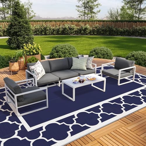 GENIMO Outdoor Rug, Waterproof Plastic Rugs 10'x20' for Camping Blue White by GENIMO