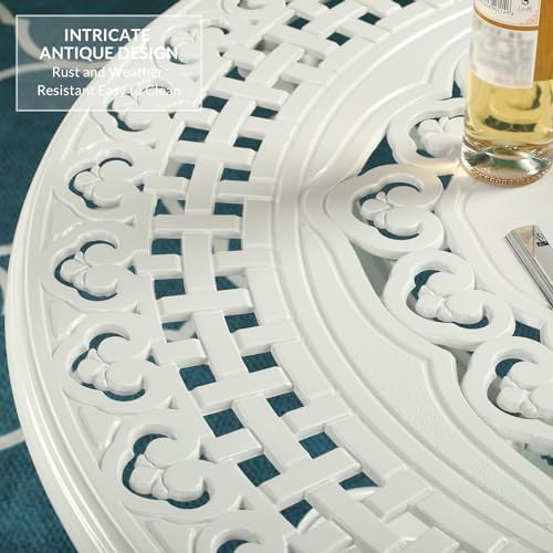 VIVIJASON 5-Piece Patio Furniture Dining Set, All-Weather Cast Aluminum Outdoor Conversation Set, Include 4 Chairs and 1 Round Table w/Umbrella Hole for Balcony, Lawn, Garden, Backyard, White - Image 6