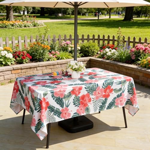 SquarePie Rectangle Outdoor Tablecloth with Umbrella Hole and Zipper 60x84 inch,Water Resistant SpillProof Patio Table Cloth for Spring Summer Camping Garden Poolside Picnic,Palm Leaf Red Flower - Image 6