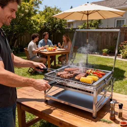 Ergocar Charcoal Grill Outdoor Multi-Function Portable Rotatable Adjustable Height 4-Tier Charcoal Tray Ideal For Outdoor Smoking, Picnics, Camping Barbecues - Image 2