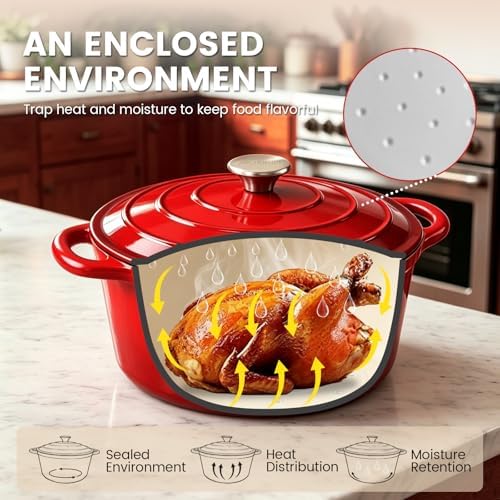 5 Qt Enameled Cast Iron Dutch Oven with Lid, Red - Image 3