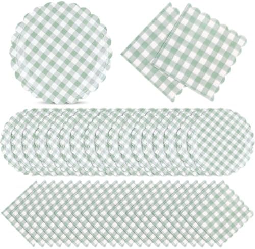 Roshtia 120 Pcs Sage Green Gingham Plates and Napkins Set, Boho Baby Shower by Roshtia