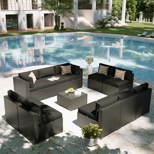 Aoxun Patio Furniture Set, 11 Piece Outdoor Sectional Sofas with Waterproof Cover, 10 Seats Wicker Rattan Outdoor Furniture Patio Conversation Set for Backyard, Garden Black - Image 6
