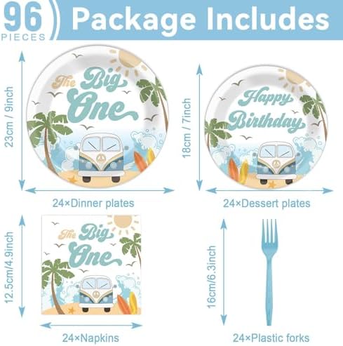 Summer Beach The Big One Party Plates Napkins Boy Surfing First Birthday Decoration Set Hawaiian Palm Tree Dinner Dessert Tableware for Retro Wave Theme Birthday Party Decoration Supplies Serve 24 - Image 2