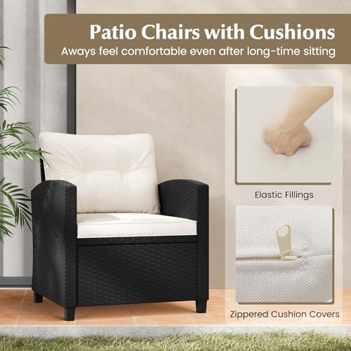 Tangkula 3 Piece Patio Furniture Set, Rattan Conversation Set w/Soft Seat & Back Cushions, Tempered Glass Topped Coffee Table, Cushioned Wicker Seating Set for Backyard, Porch, Poolside (Off White) - Image 7