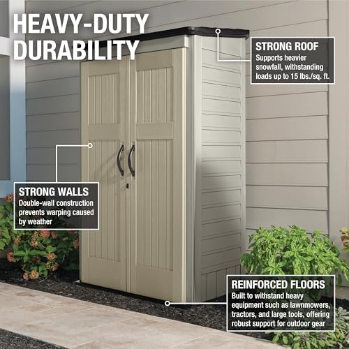 Rubbermaid Vertical Resin Outdoor Storage Shed With Floor (4 x 2.5 Ft) Weather Resistant Beige/Brown Organization for Home/Backyard/Pool Chemicals/Toys/Garden Tools/Porch/Patio Cushions - Image 3