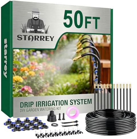 Drip Irrigation System, 2026-Upgrade 50Ft 1/4" Garden Watering System with 12 Pcs 360° Adjustable Copper Nozzles, DIY Kit for Garden, Lawn, Greenhouse, Raised Beds & Outdoor Plants by Starrey