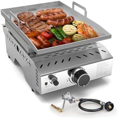 WAA Portable Propane Griddle, 8000BTU Tabletop Portable Propane Gas Grill with One Burner, Stainless Steel Flat Top Grill, Outdoor Cooking for Tailgating,Camping, RVs, BBQ, Patio, Silver by waasmallappliancekingdom