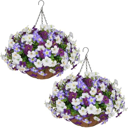 2 Set Artificial Hanging Flowers with Basket for Outdoor Decor by secqous
